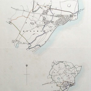 May include: A vintage map of Beaumaris, Wales, with a scale of 1/4 inch to a mile. The map shows the town of Beaumaris, the surrounding countryside, and the coastline. The map is printed in black and white with some hand-colored details. The map includes a reference key with the following information: Boundary of the Old Municipal Borough, Proposed Boundary, Boundaries of Parishes or Townships, Rivers.