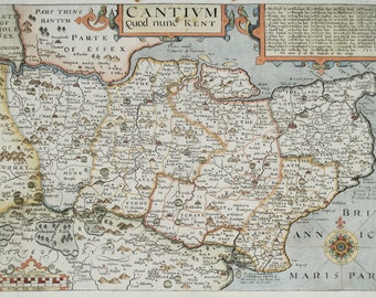 Antique Map KENT, CANTIUM, John Norden & William Kip, Camden original  map 1637