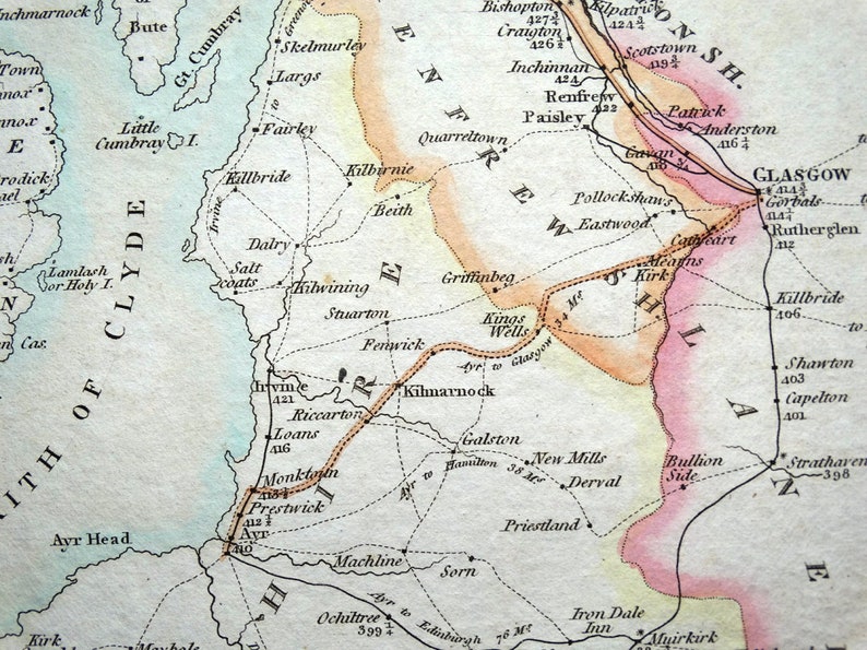 SCOTLAND Ayr To Port Glasgow /& Dumfries to Port Patrick Antique County Road Map 1812