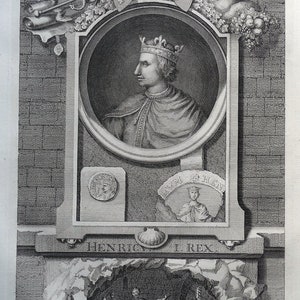 Antique Portrait Print HENRY I of England, Tindal/Rapin antique portrait engraving  1745