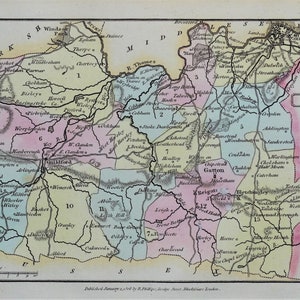 Ancienne carte du comté de SURREY, bouchonneuse, carte originale du comté colorée à la main 1808