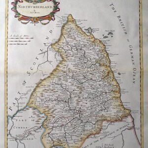 Carte antique NORTHUMBERLAND, Robert Morden, carte antique originale colorée à la main 1722
