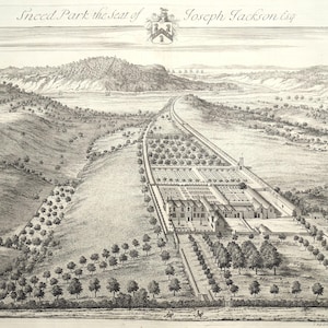 Może przedstawiać: Antyczny czarno-biały grawerunek Sneed Park, siedziby Josepha Jacksona Esq. Szczegółowa ilustracja przedstawia dużą posiadłość z dworem, ogrodami i otaczającym krajobrazem, w tym wzgórzami i drzewami. Tytuł i herb znajdują się na górze.