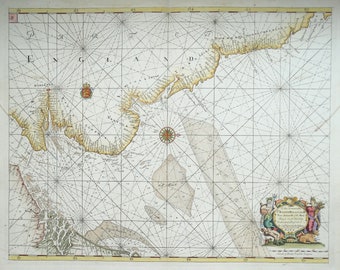 Antique  Sea Chart ENGLAND EAST COAST London to Berwick North Sea, G.Collins  1757 old nautical marine map