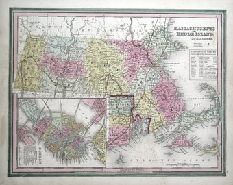 May include: An antique map of Massachusetts and Rhode Island, printed in color. The map shows the state boundaries, major cities, and towns. The map is titled "Massachusetts and Rhode Island: By H.S. Tanner."