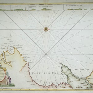 Antike Seekarte WALES, Anglesey, Pembroke, Cardigan Bay, Collin Original 1757 alte nautische Meereskarte