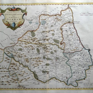 Ancienne carte de l'évêché de DURHAM, Robert Morden, carte originale colorée à la main 1722