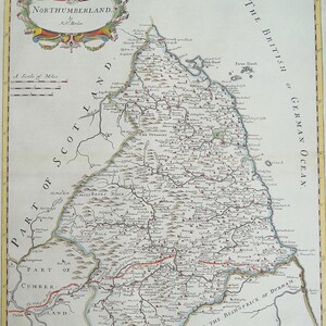 Carte ancienne NORTHUMBERLAND Robert Morden originale vintage colorée à la main 1722