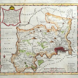 May include: An antique map of Middlesex, England, showing the county's boundaries, towns, and villages in detail. The map is printed in brown, green, and red ink on a cream-coloured background. The title "MIDDLESEX" is printed in a red box at the top of the map.