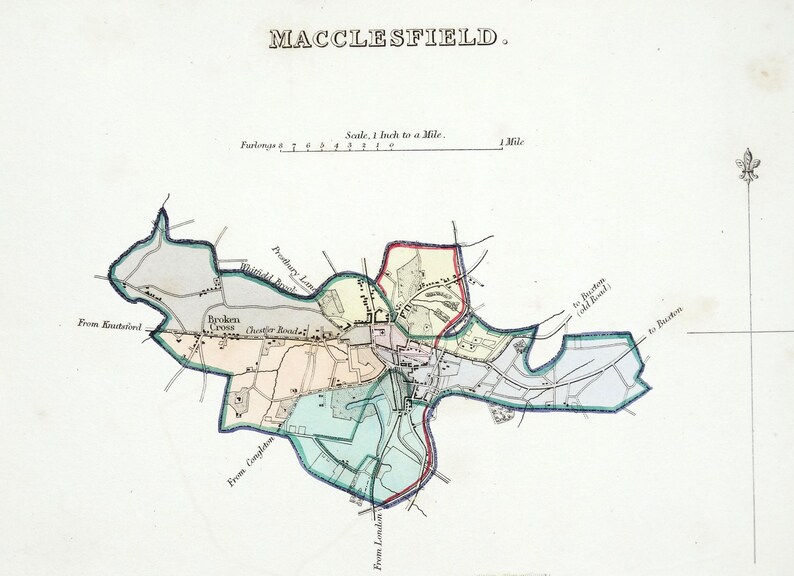 Antique Map MACCLESFIELD ,original Hand Coloured Town Street Plan ...