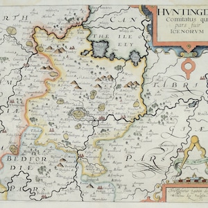 May include: An antique map of Huntingdonshire, England, with a scale of miles and a compass rose. The map is hand-drawn and features a detailed outline of the county, including rivers, towns, and villages. The title "HVNTINGDON Comitatus qui pars fuir ICENORVM" is written in a decorative script.