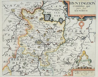 Antique Map HUNTINGDONSHIRE, Saxton & Kip, Camden original  map 1637