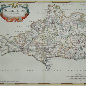 Carte ancienne vintage colorée à la main par Robert Morden DORSET, 1722