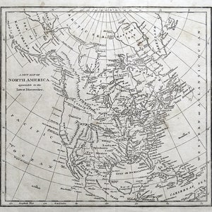 May include: A black and white map of North America, showing the major rivers, lakes, and cities of the continent. The map is titled "A New Map of North America, agreeable to the Latest Discoveries."