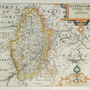 May include: An antique map of Nottinghamshire, England, with a yellow and brown color scheme. The map shows the county's borders, rivers, and towns. The title "Nottingamie Comitatus olim pars CORETANORVM" is written in a decorative script.