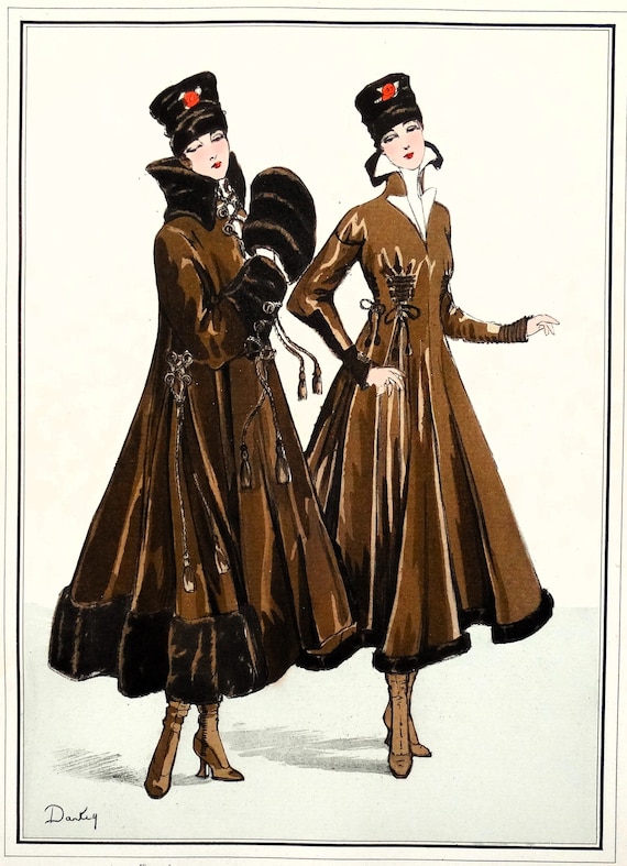 ANTIQUE FASHION PRINT Fur Trim Dress Coat Art Nouveau Large Old