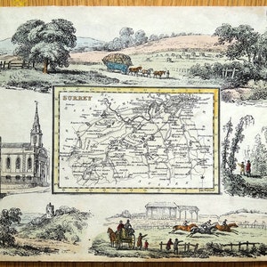 May include: A vintage map of Surrey, England, with detailed cartography and illustrations. The map is framed by vignettes showing rural scenes, including a church, horse-drawn carriages, and a horse race. The map is printed on aged paper.