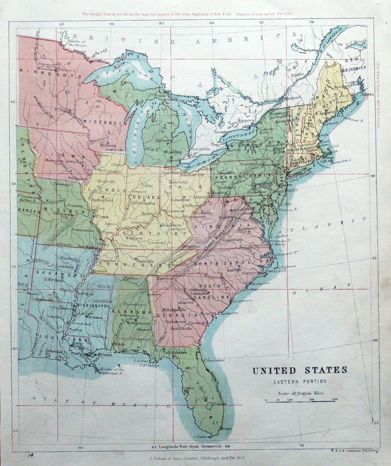 Antique Map UNITED STATES of America, Eastern. Johnston, Original Map ...