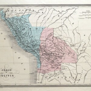 Antyczna mapa PERU, BOLIWIA, Ameryka Południowa, mapa Malte Brun ok. 1850 r.