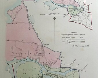 Antique Map PEMBROKE, WALES, Street Plan, Dawson Original  hand coloured map 1832