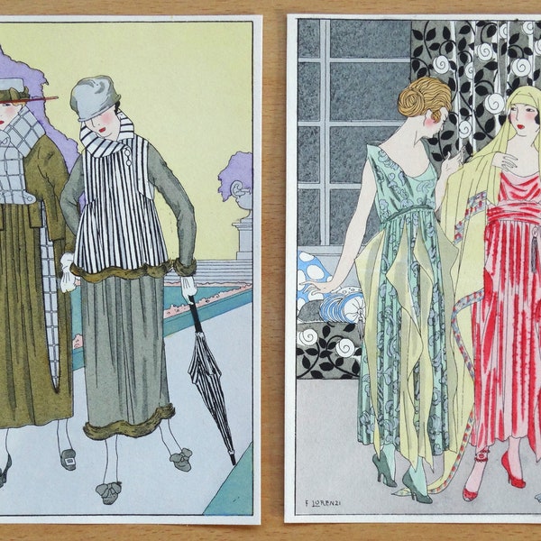 ANTIQUE FASHION PRINTS 2 Vintage Art Nouveau Pair Original Pochoir prints 1917