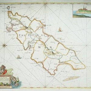 Carte marine ancienne ÎLE DE MAN Greenville Collins Carte marine originale colorée à la main 1757 ancienne carte marine