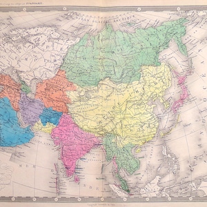 May include: An antique 1840 map of Asia titled Asie, featuring hand-coloured regions in green, yellow, pink, blue, and orange. The map includes detailed geographical labels, a legend on the right, and text at the top and bottom corners.