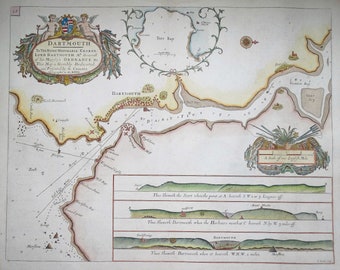 Antique  Sea Chart DARTMOUTH, Kingswear,Torquay  Greenville Collins Original  1757 old nautical marine map