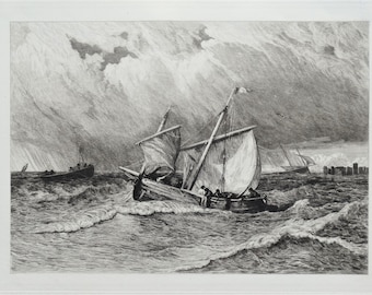 アンティークプリント 帆船、R.Zeeman 海洋、航海、海事エッチング