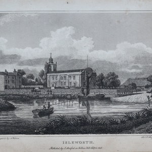 Stampa antica ISLEWORTH Londra, Chiesa di Tutti i Santi e fiume Tamigi Stampa incisa su rame 1806
