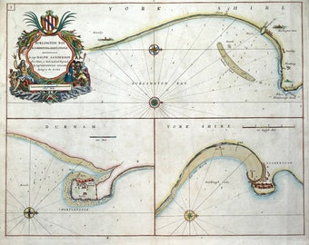 Antique  Sea Chart BURLINGTON BAY, SCARBOROUGH, Hartlepool, Bridlington Collins  1750old nautical marine map