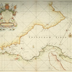 Carte marine antique ÉDIMBOURG, ÉCOSSE, Dunfermline, Dunbar, Leith, Collins 1757 ancienne carte marine nautique
