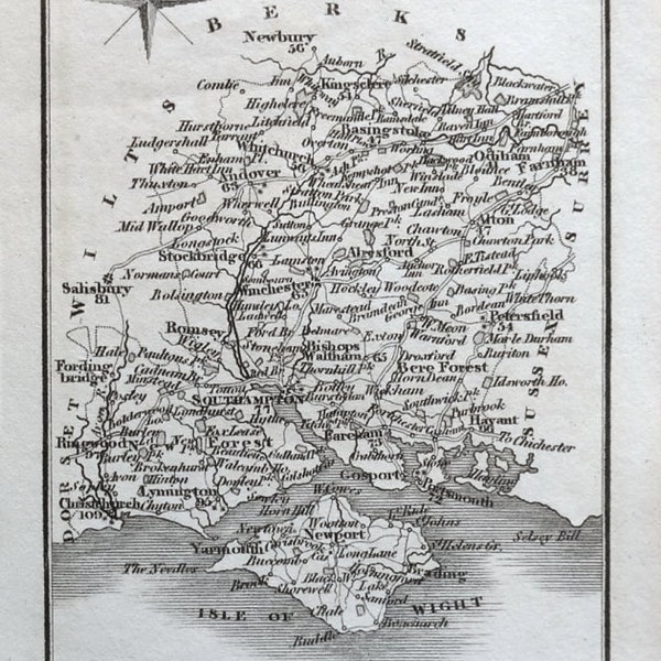 Antique Map HAMPSHIRE, Sidney Hall, Samuel Leigh, Miniature  Map 1825