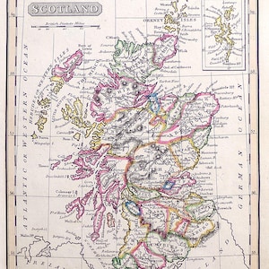 May include: A vintage-style colour-coded map of Scotland featuring the Atlantic Ocean, the German Ocean, and the Shetland Isles in an inset. The map includes a scale of British Statute Miles, grid lines, and numerous labelled towns and regions.