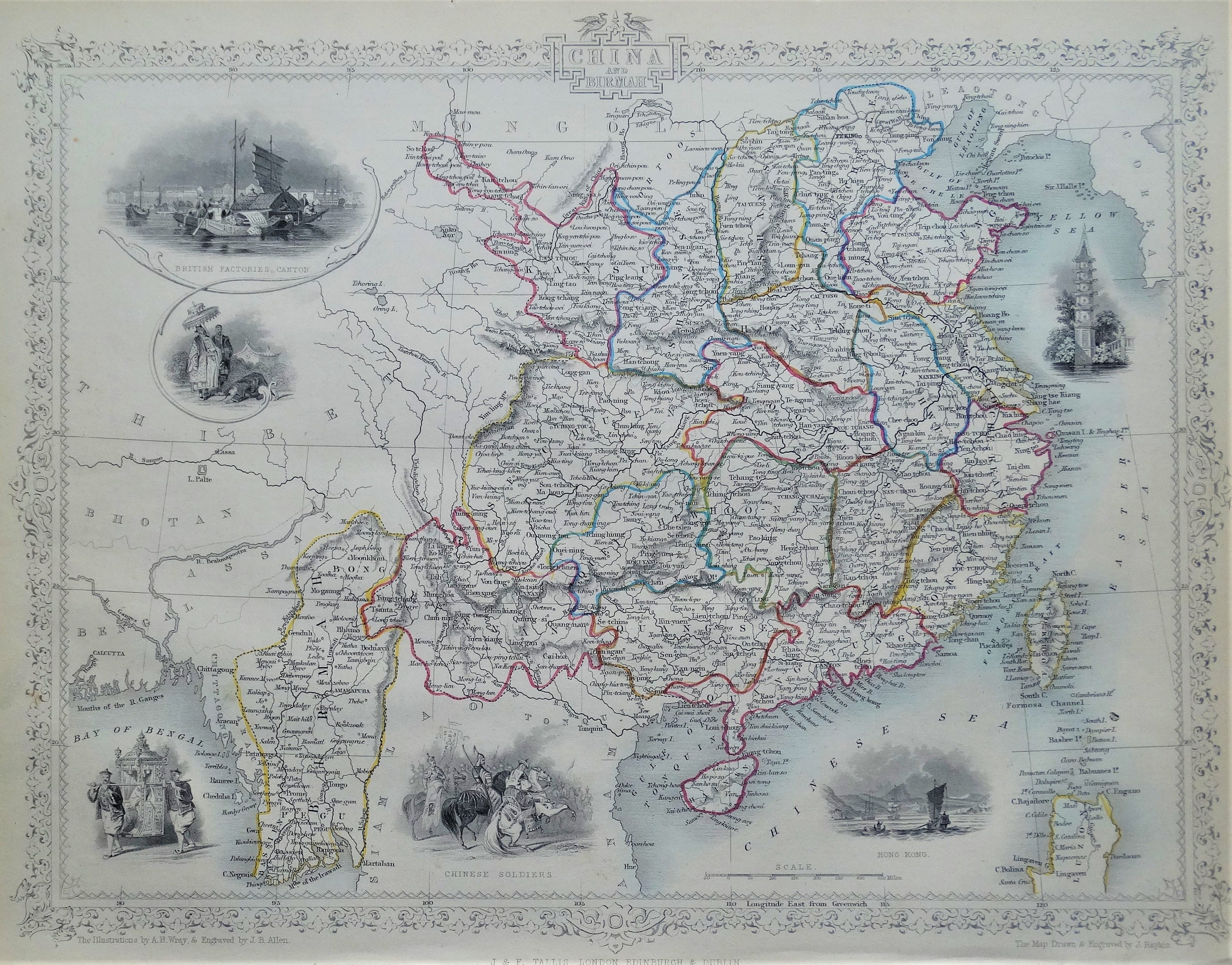 沸騰ブラドン Map Antique CHINA Rapkin John Myanmar, Burma, BIRMAH, and 工芸品