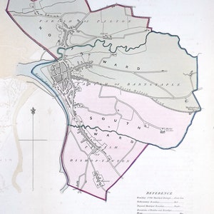 May include: A vintage map of Barnstaple, England, showing the boundaries of the different wards and parishes. The map is in black and white with colored lines and text. The map is dated 1821.