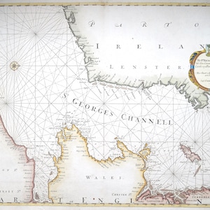 Carta marítima antigua CANAL DE SAN GEORGE, Mar de Irlanda, Irlanda, Cornwall Collins 1757 antiguo mapa marino náutico