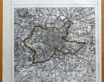 Antique Map BIRMINGHAM, ENGLAND, Smethwick, Hall Green, Moseley, Handsworth  1868