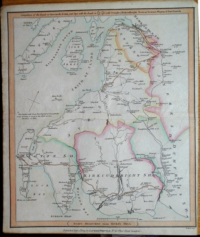 SCOTLAND Ayr To Port Glasgow /& Dumfries to Port Patrick Antique County Road Map 1812