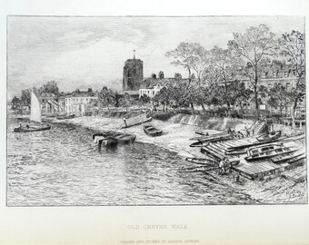 Antique Print OLD CHEYNE WALK, Chelsea, London, A.Severn original etching  print 1880