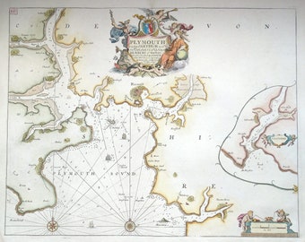 Antique  Sea Chart PLYMOUTH, Salcombe, Devon, Greenville Collins Original  1757 old nautical marine map