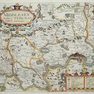 May include: An antique map of Middlesex, England, with a decorative border and a compass rose in the upper right corner. The map shows the surrounding counties of Essex, Kent, Surrey, and Berkshire. The map is titled "Middle Sex" and "Olima Trinoban Tibvs habitata Qui."