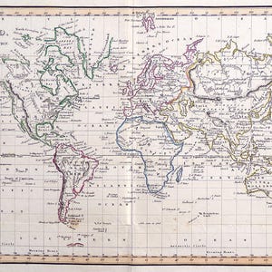 May include: An antique-style world map on Mercator projection with black ink outlines on a cream background. Continents are delineated with thin coloured borders. The map features detailed geographical labels, latitude and longitude grids, and the text THE WORLD on Mercator's Projection at the top left.