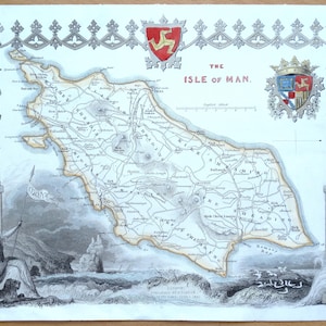 Ancienne carte de l'ÎLE DE MAN, gravure originale de Thomas Moule colorée à la main, 1843
