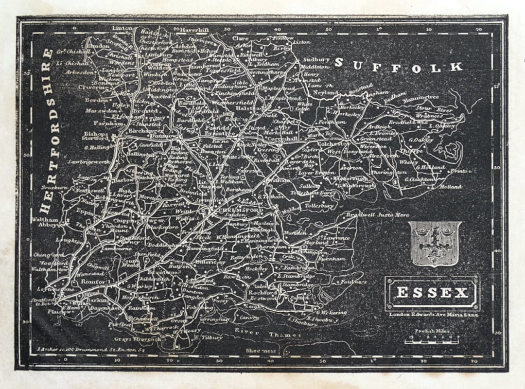 ESSEX Pinnock White on Black Original Antique Map 1834 photo