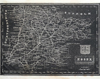 Antique Map ESSEX,  Pinnock, white on black original  map 1834