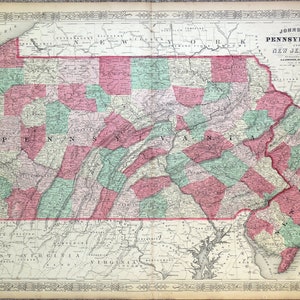 Ancienne carte des États-Unis en Pennsylvanie et New JERSEY Johnson Original c1865