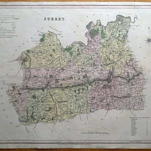 Mapa Antigo SURREY, LONDRES, T.L. Mapa original colorido à mão de Murray 1830