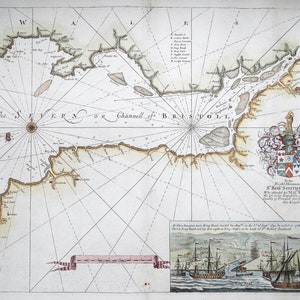 Puede incluir: Un mapa antiguo del Severn o Canal de Bristol, Inglaterra, con una rosa de los vientos y un escudo de armas para Sir Robert Southwell. El mapa muestra la costa y las islas circundantes, con varios puntos de interés etiquetados. El mapa está fechado en 1700.