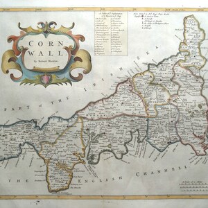 Carte antique CORNWALL, Robert Morden, carte originale colorée à la main 1695